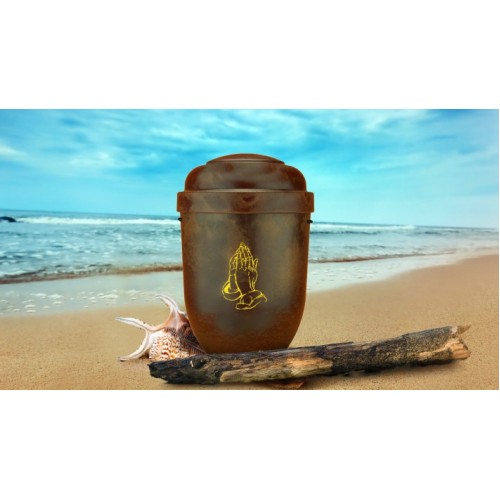 Biodegradable Cremation Ashes Funeral Urn / Casket - RED ROOT WOOD EFFECT with PRAYING HANDS